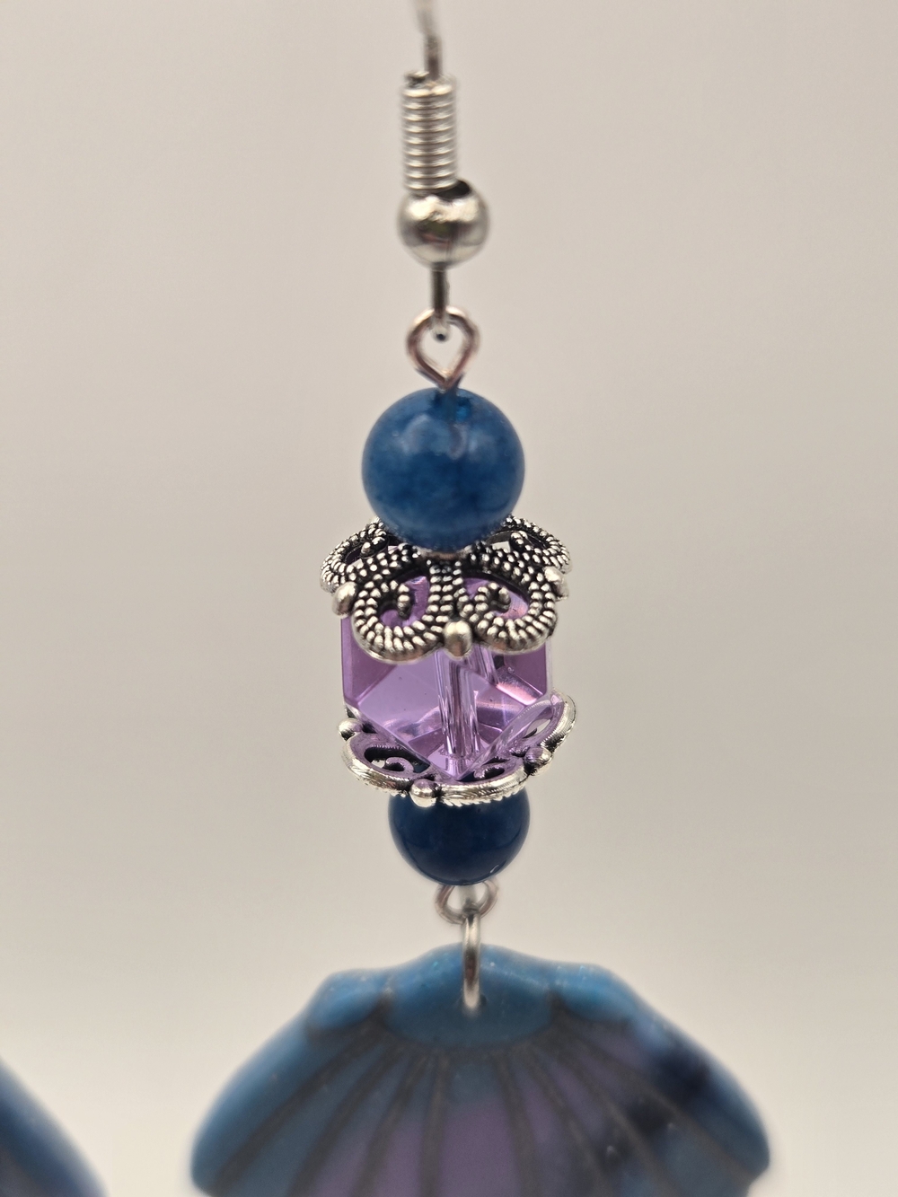 #B509- Blue and Purple Shell Drop Earrings with Dolomite Jasper Bead Accents - Picture 3 of 4